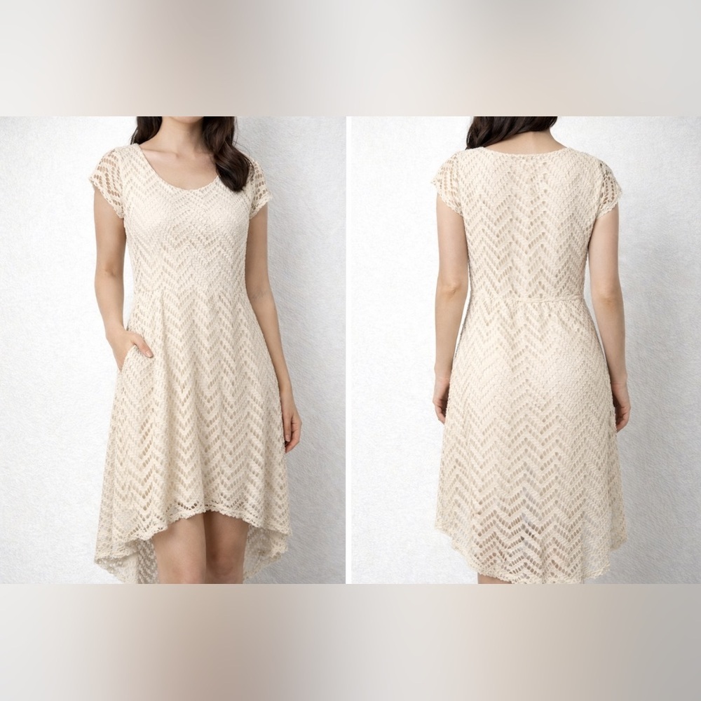 Ivory Lace High Low Dress Cap Sleeve Elegant Size M